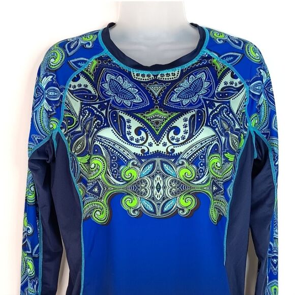 ATHLETA Runaway Blue Green Paisley Print Medium UPF Athletic Long Sleeve Shirt - Picture 3 of 15